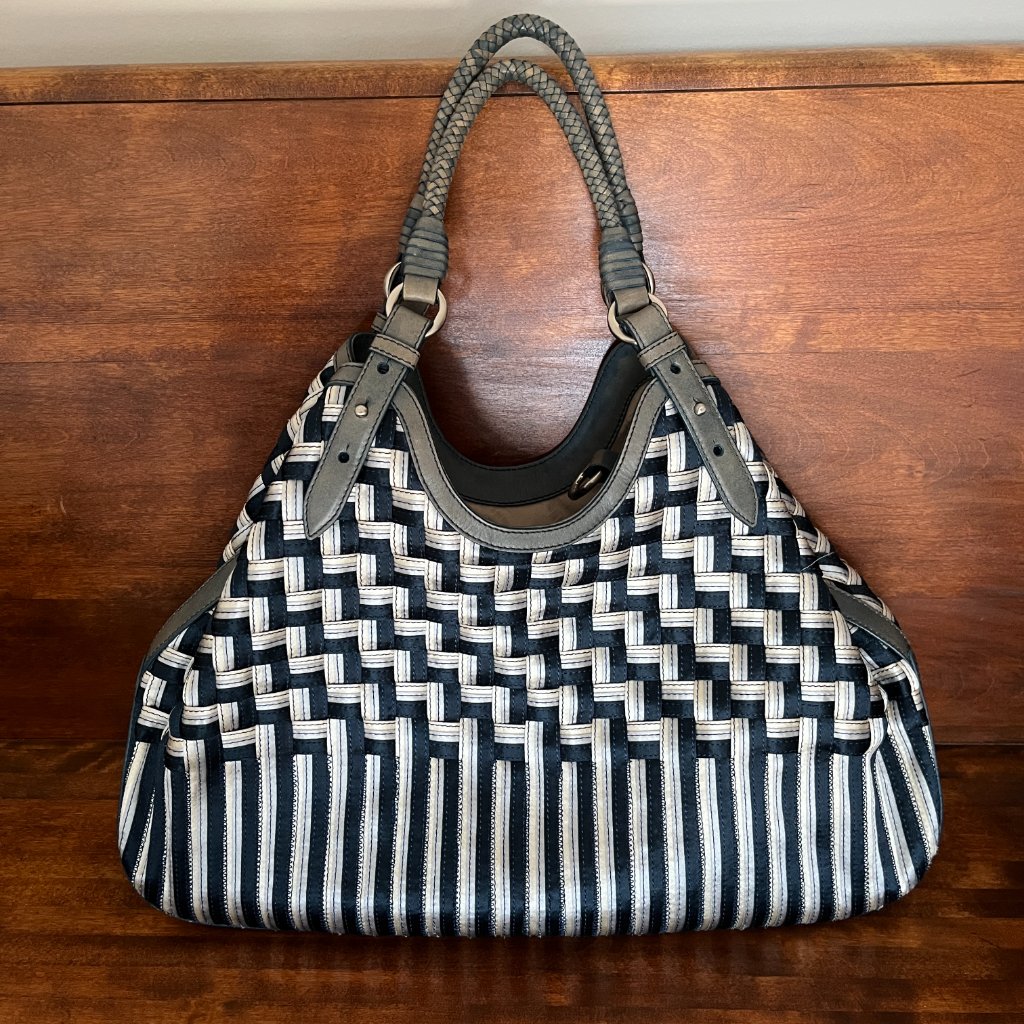 Cole Haan Genevieve Woven Triangle Hobo Shoulder Handbag Tote Silk Raffia Blue